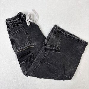 boohooMAN Mens Acid Wash Black Cargo Pants Wide Leg Utility Streetwear Size 32